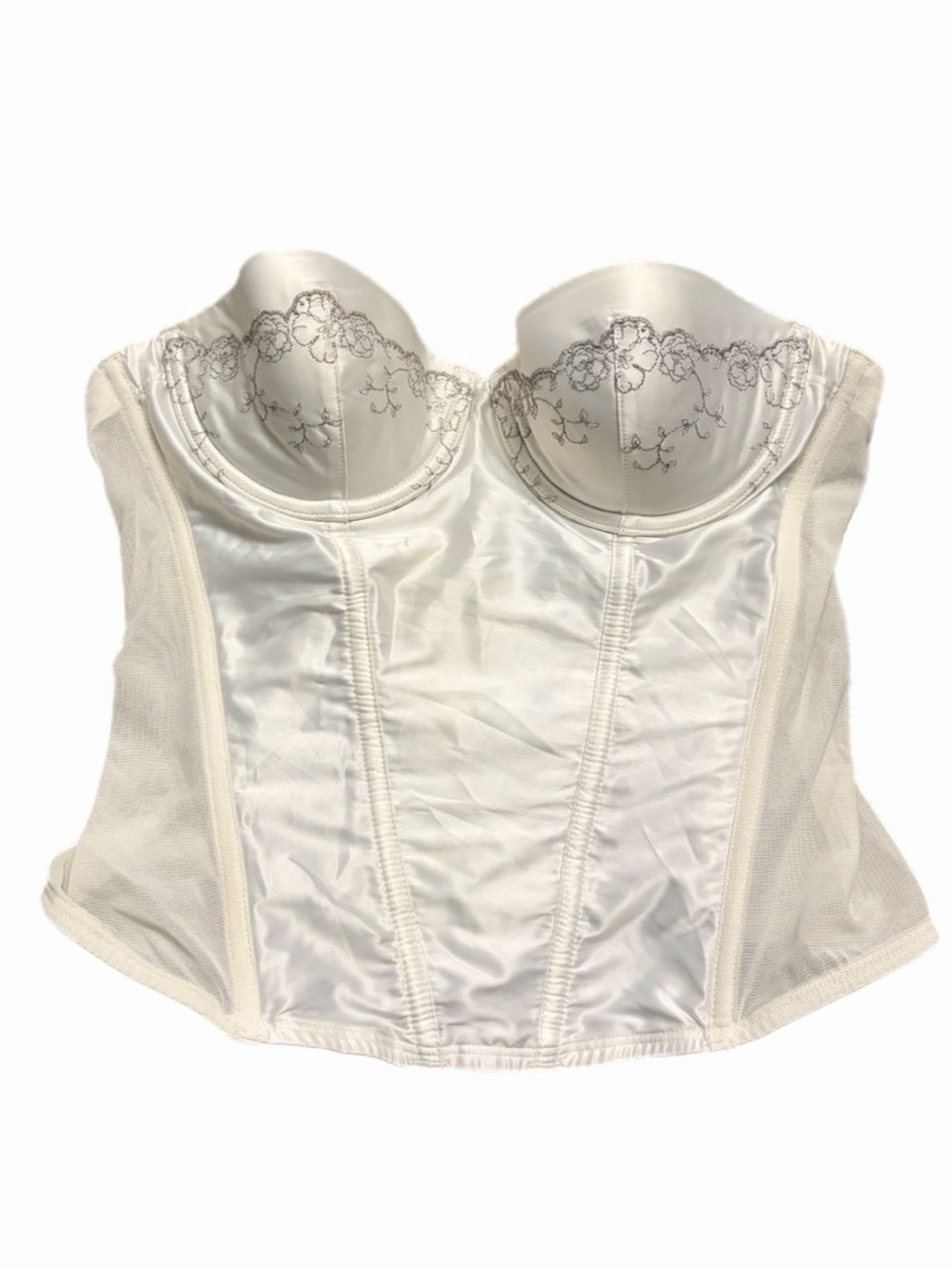 90s/Y2K European Vintage Satin Boned Strapless Corset Floral Embroidery Ivory S